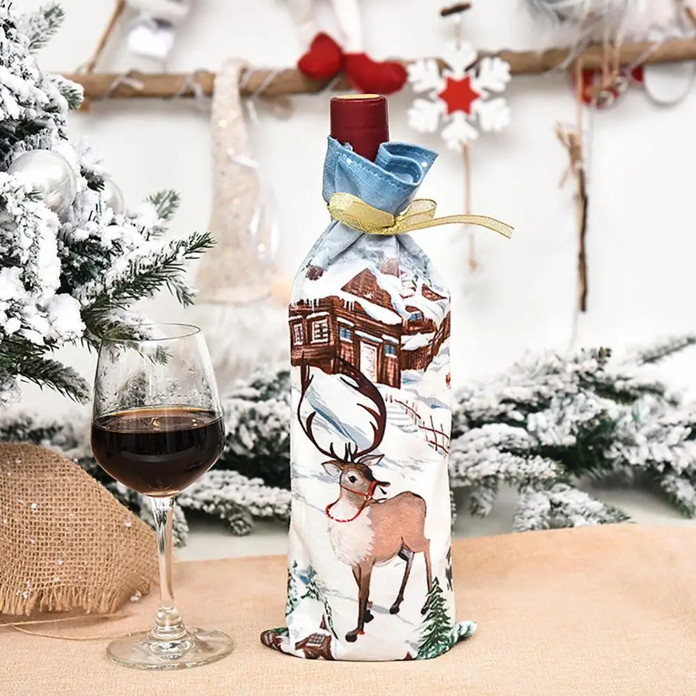 

Wine Bottle Cover Christmas Santa Snowman Elk Drawstring Candy Bag Party Decor