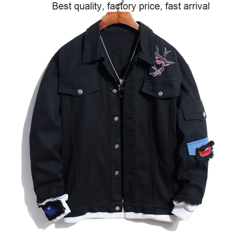 

Джинсовая куртка мужская с вышивкой птицы, модная Роскошная брендовая Черная куртка с цветочным принтом, свободная эластичная верхняя одежда в стиле пэчворк