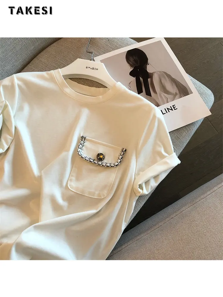 

Женская футболка с коротким рукавом и круглым вырезом, однотонная модная универсальная свободная футболка с карманами в простом стиле, лето 2023