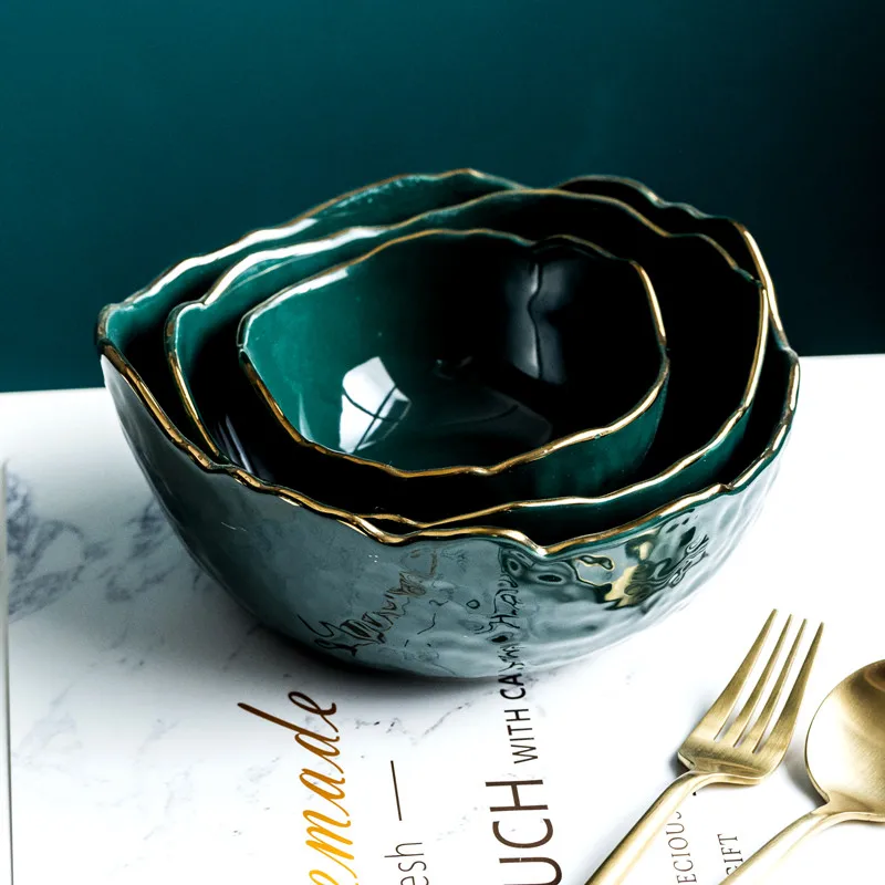 

Ceramic Fruit Salad Bowl Luxury Green Noodle Bowl Porcelain Rice Bowl Serving Breakfast Bowl Kitchen Home Creative