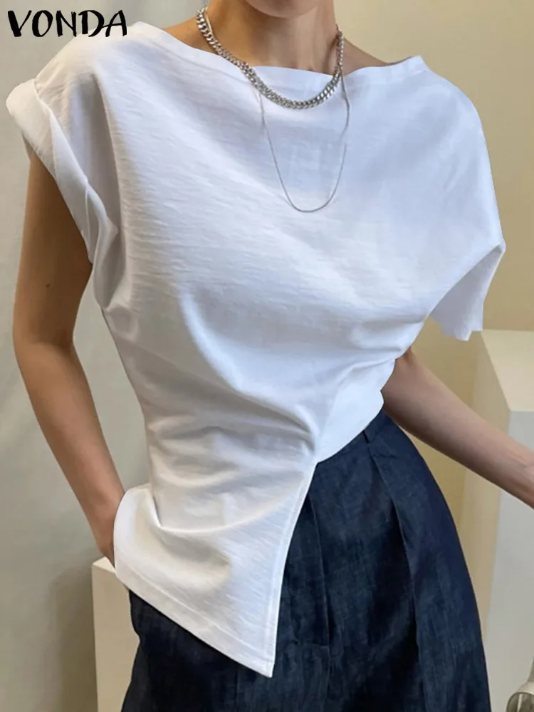 

VONDA 2022 Women Fashion Summer Short Sleeve Blouse Solid Street Elegant Chemise Tops Femme Polyester Blusa Femininas Oversized