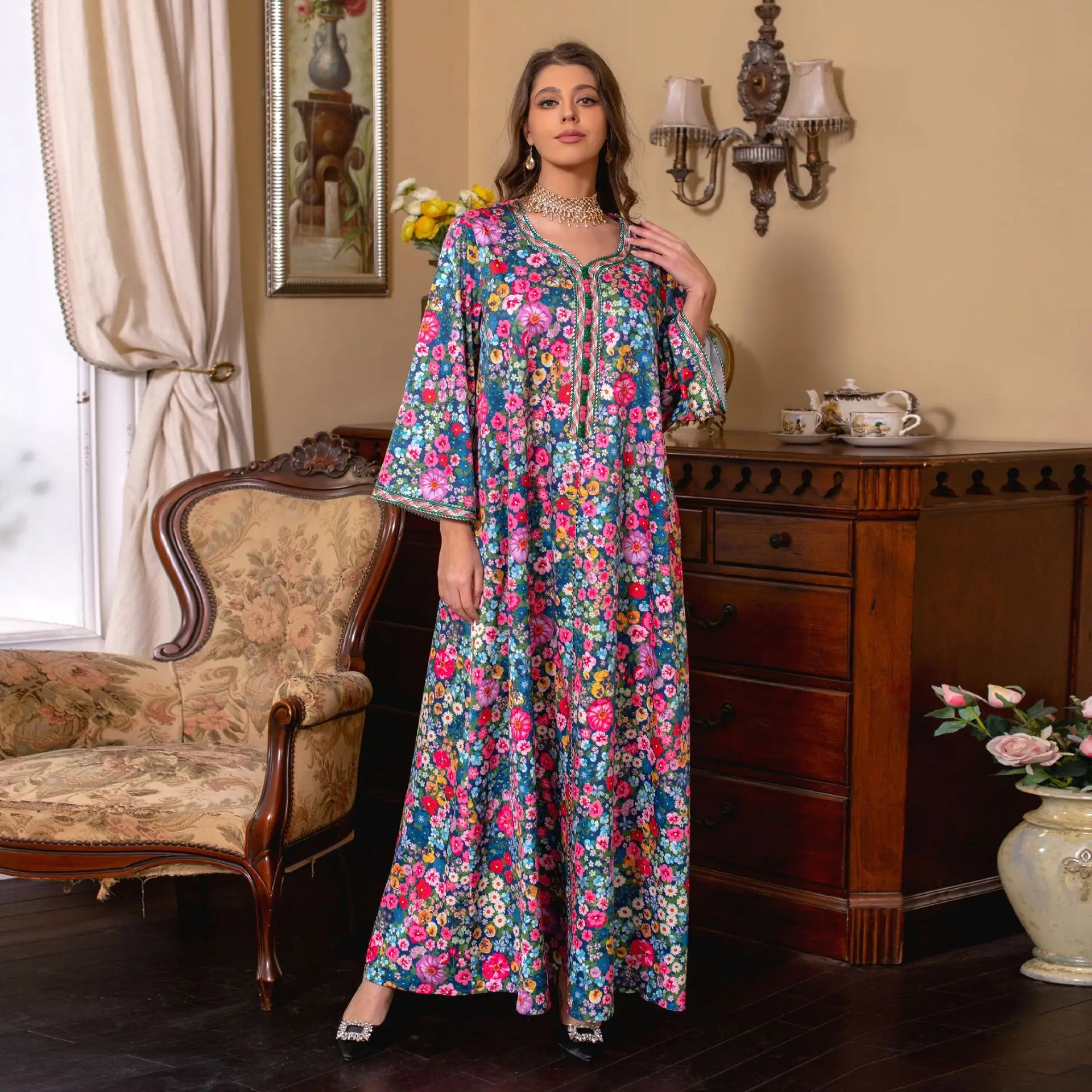 Moroccan Jalabiya 2023 Women Abaya Muslim Hijab Dress Vintage Floral Print Kaftan Ramadan Dubai Modest Dresses Party Arabic Gown