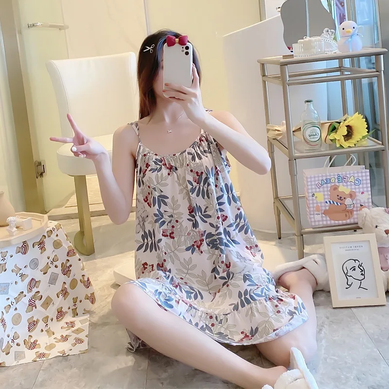 Women Sleeveless Nightgown Home Clothes Printing Flowers Bathrobe V Neck Pajamas Nightwear Sleepwear костюм женский