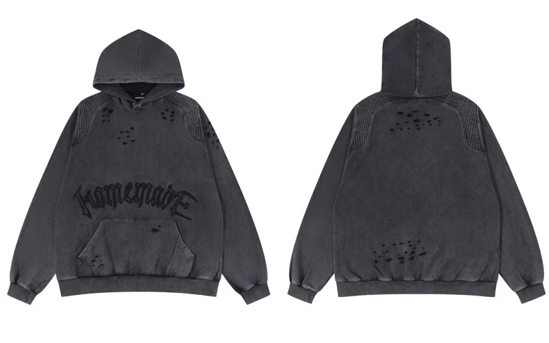 

Vintage Hoodie Streetwear Hip Hop Embroidery Ripped Destroyed Distressed Wash Hooded Sweatshirt 2023 Casual Oversized