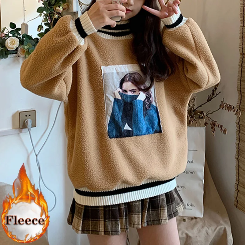 

autumn winter thicken lamb fleece oversized hoodies women clothes harajuku Turtleneck print sweatshirt casual full Sleeve hoodie