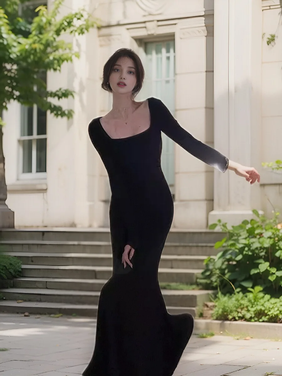 Французское вязаное платье с квадратным воротником и длинными рукавами женское