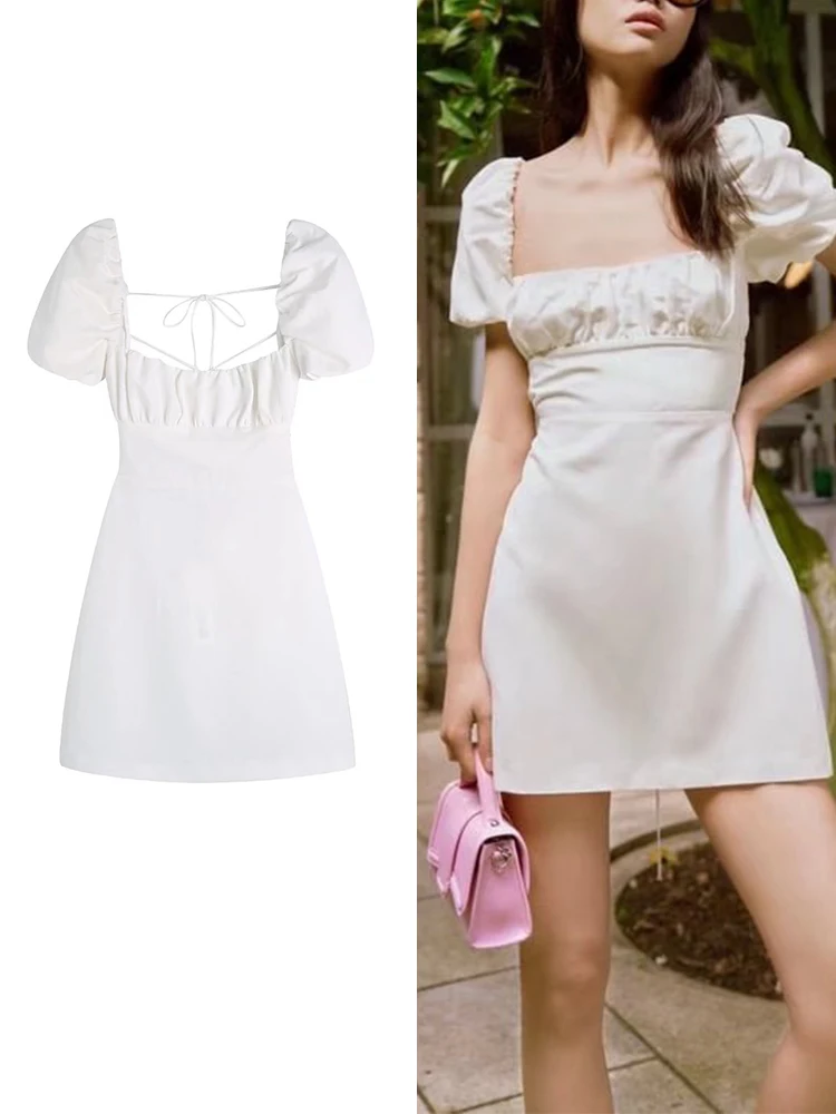 

TFMLN Summer Women Dresses 2022 Hollow Out Elegant Party Dress Puff Sleeve Bandage Female Backless Causal Solid Mini Outfit