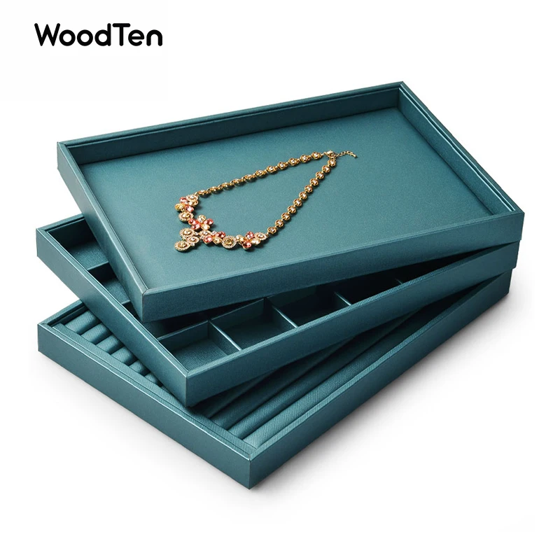 

WoodTen Premium Blue PU Leather Jewelry Display Tray 35*24*3cm for Rings Pendent Necklace Jewelry Organizer with Light Luxury