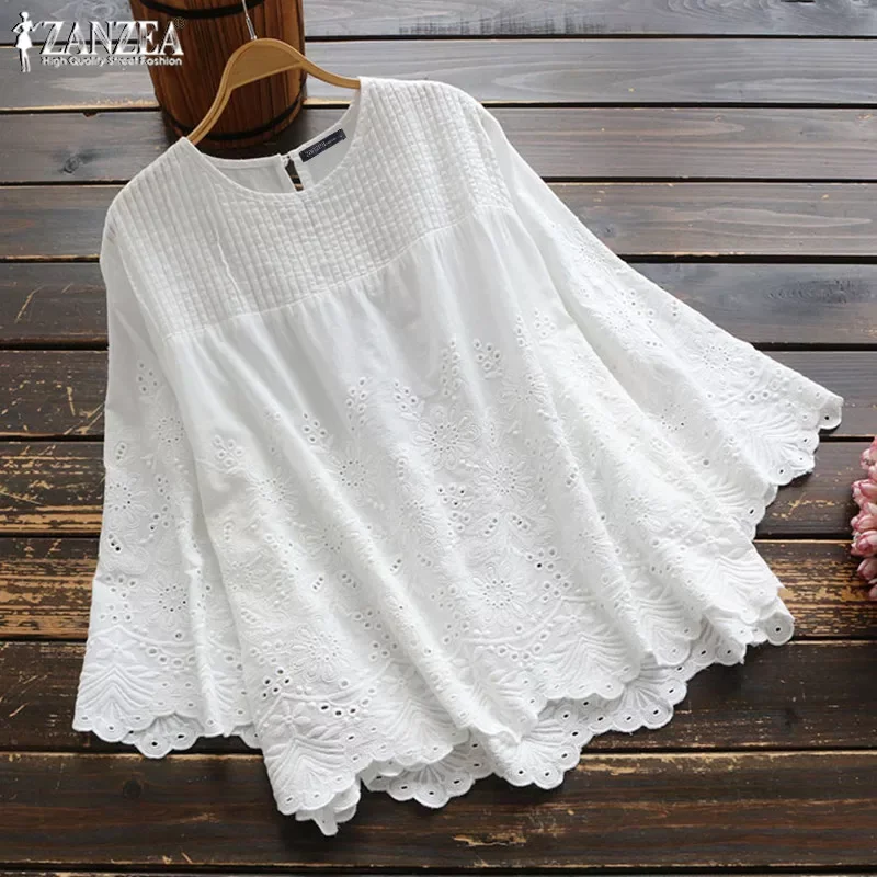 

2022 ZANZEA Fashion Lace Tops Women's Autumn Blouse Casual Pleated Hollow Blusas Female 3/4 Sleeve Shirts Tunic