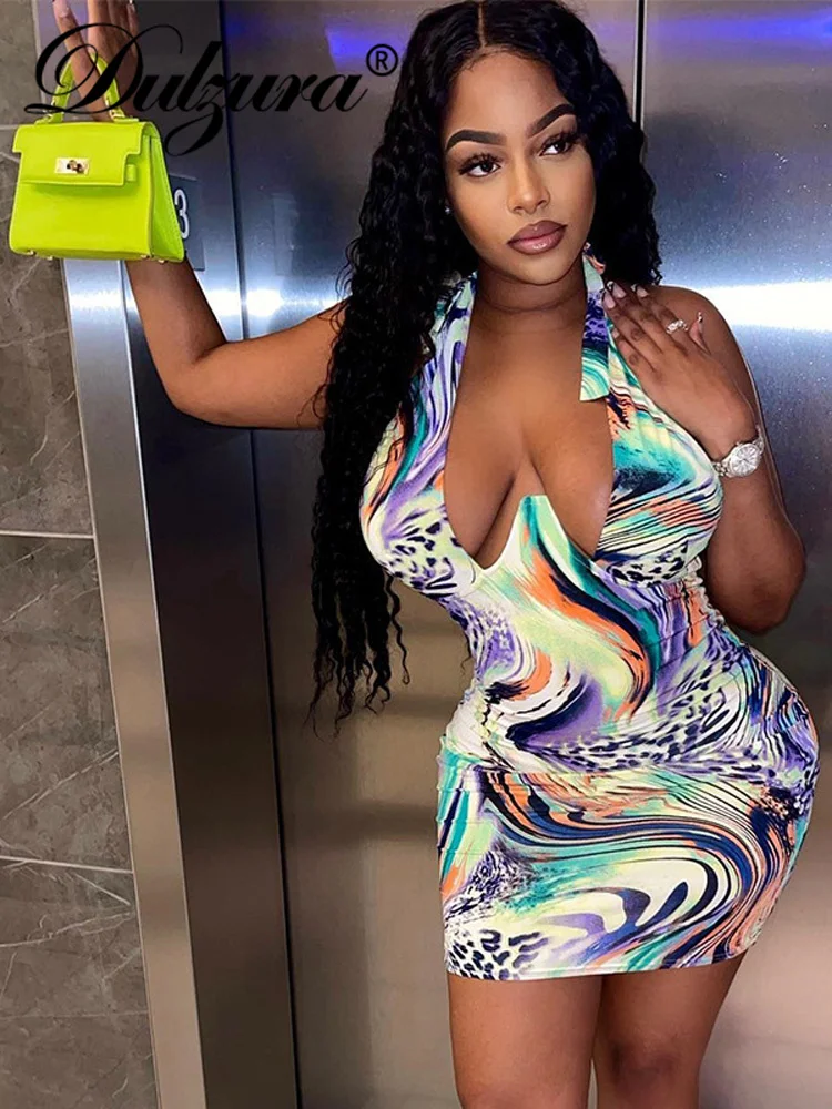 

Dulzura Tie Dye Print Lace Up Halter Mini Dress V Neck Backless Bodycon Sexy Party Club Outfits Y2K Festival Clothing