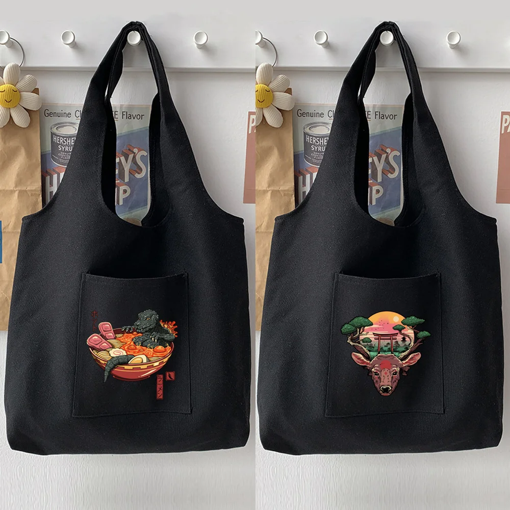 

Student Casual Cartoon Black Woman Shoulder Bag Handbag Japanese Pattern Printing Series Tote Bag Soft Canvas Bag Commuter Bag