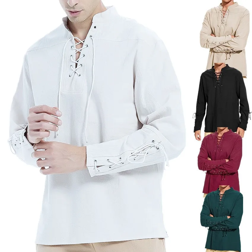 

2023 New Men's V-neck shirt T-shirt Fashion Vintage Thin Long Sleeve Top Linen Casual Breathable Viking Front Lace Up man Shirts