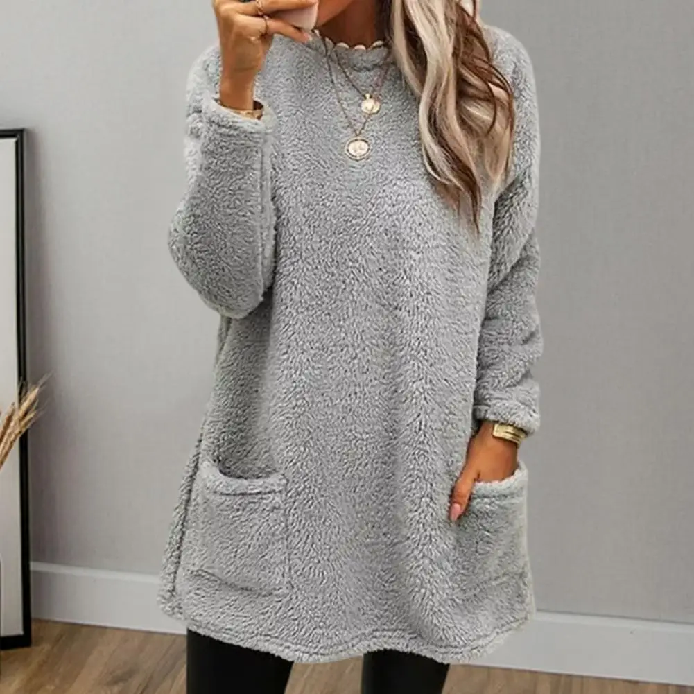 

Женский свитшот с полувысоким воротником, теплый плюшевый свитшот с карманами, удобный зимний Топ для женщин, Женский свитшот