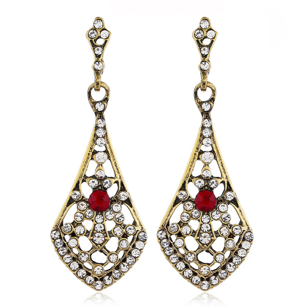 

Women Gold Silver Color Luxury Hollow Earring Crystal Red Rhinestone Inlay Earring Wedding Party Retro Ear Pendants Drop Jewelry