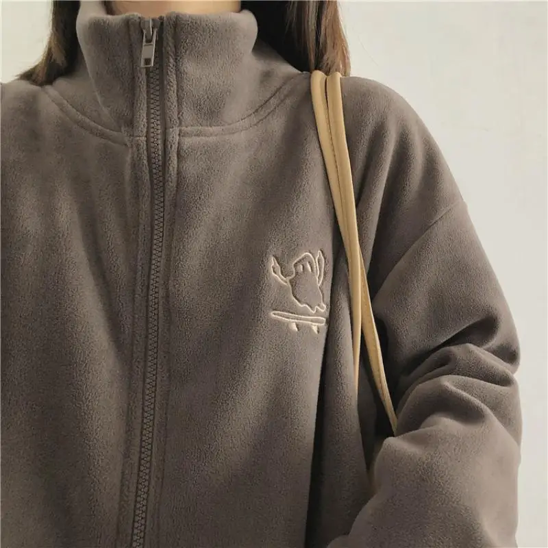 

Wool Fleece Hoodies Women Retro Harajuku Hip Hop Jacket High Street Zip Up Hoodie Casual Loose Sweatshirt Clothes Y2K Tops