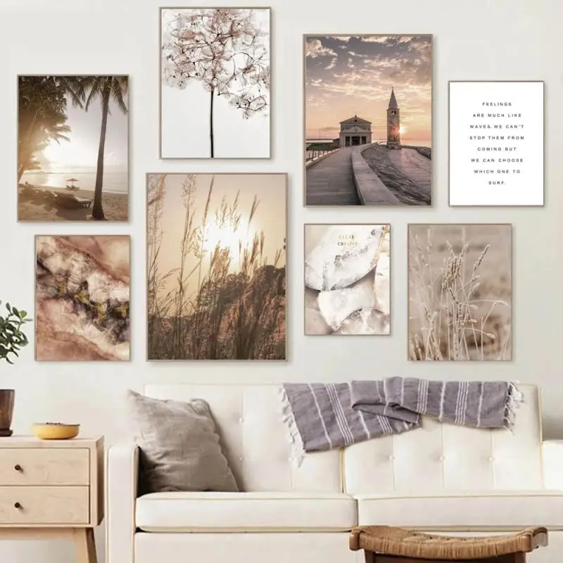 

Beige Landscape Nordic Posters and Prints Sunshine Beach Wheat Marble Life Quote Canvas Painting Scandinavia Wall Art Home Decor