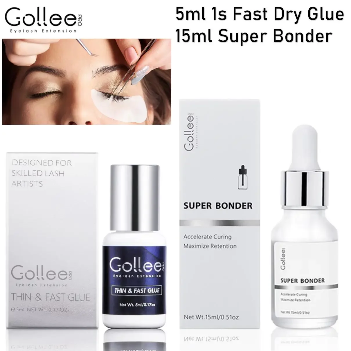 

Gollee Eyelash Extension Glue and Super Bonder Max Bond Thin High Flexibility Eyelash Glue 1 Sec Drying time Retention 6-8 Weeks