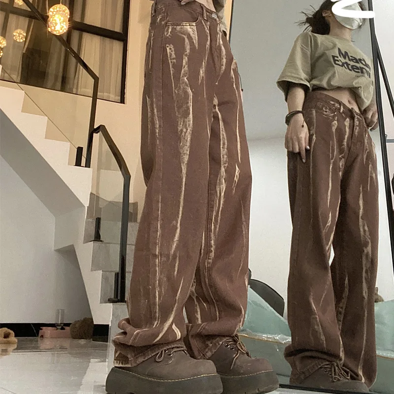 American Retro Tie Dye Brown Jeans Women Fashion Streetwear New High Waist Straight Denim Baggy Pants Female