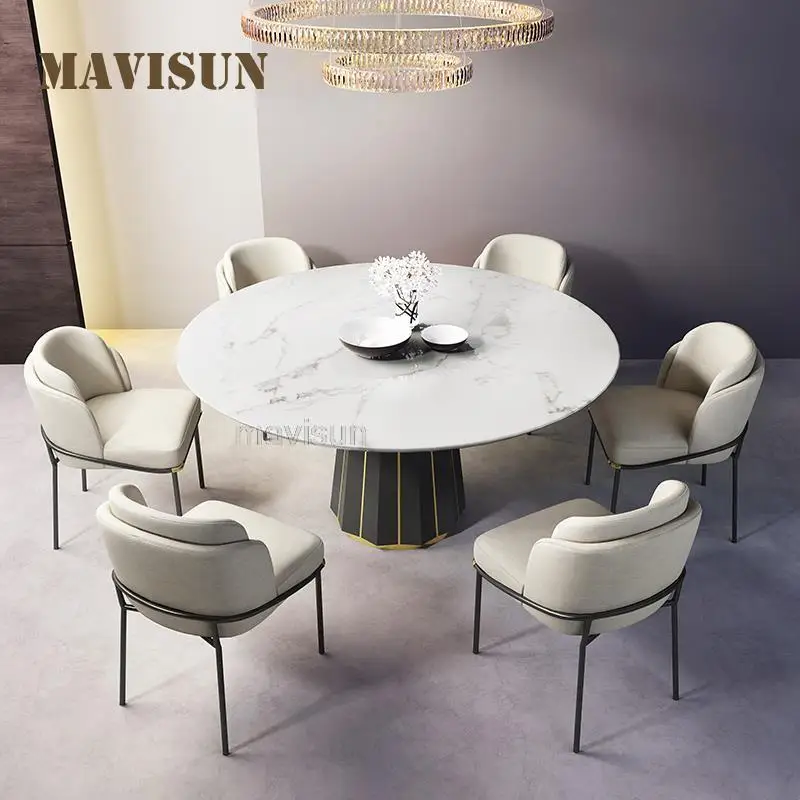 

Nordic Large Circle Black Stone Marble Top Dining Table With Turntable Rural Style Dining Chairs 8 People Restaurant Furniture