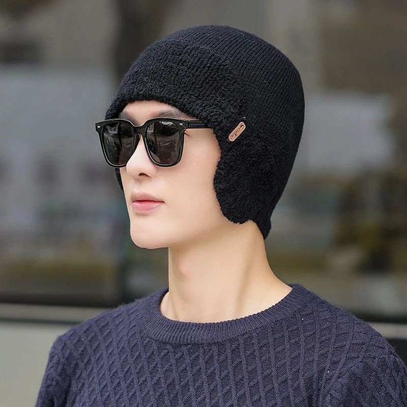 

Classic Men's Caps Winter Keep Ear Warm Beanies Male Knitted Warm Hat Caps For Winter Outdoor Hat Winter Warm Solid Color