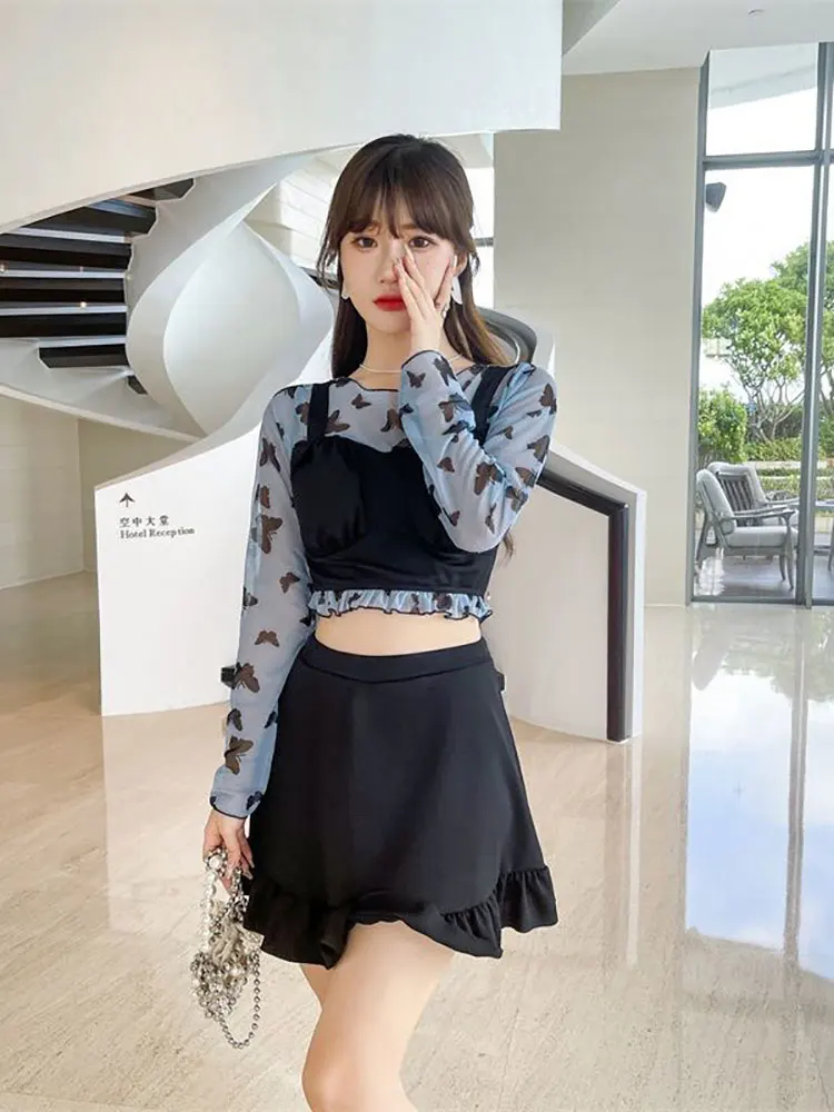 

Swimming Suits Women Korean Sports Long-sleeved Swimwear Slim Sexy Gathered Top Split Bikini Hot Spring Beach Wear Two-pieces