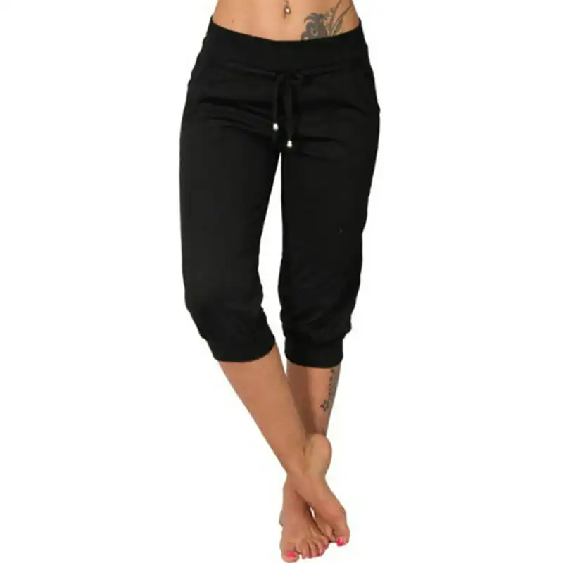 

Women Drawstring Capri Yoga Pants Lounge Joggers Pants Knee-length Trousers