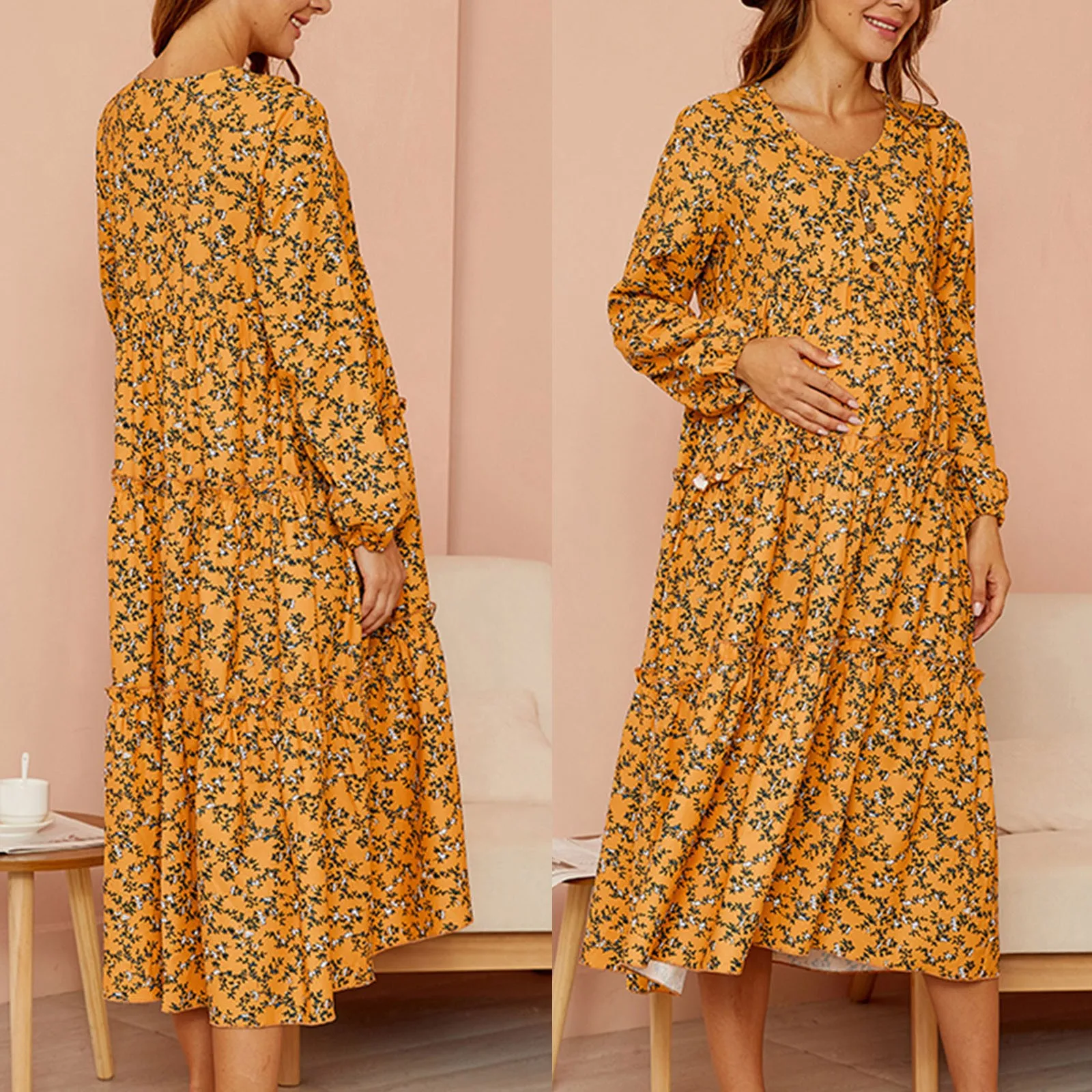 

Womens Yellow Floral Casual Elegant V Neck Long Sleeve Pleated Skirt Dress