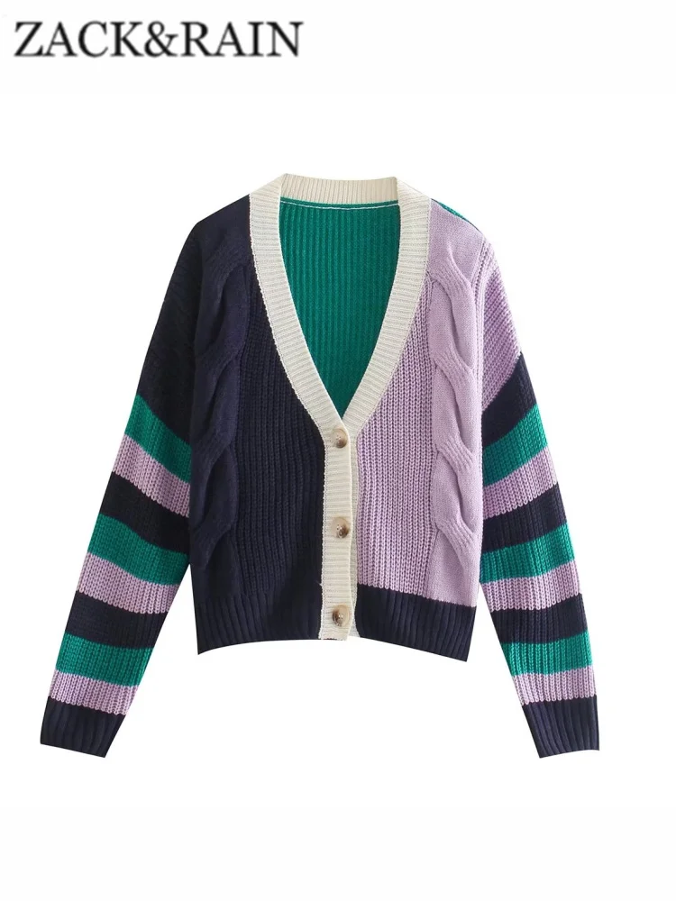 

ZACK RAIN Женский трикотажный кардиган контрастной расцветки с V-образным вырезом и пуговицами, осень 2022, модные женские Повседневные свитера с ...