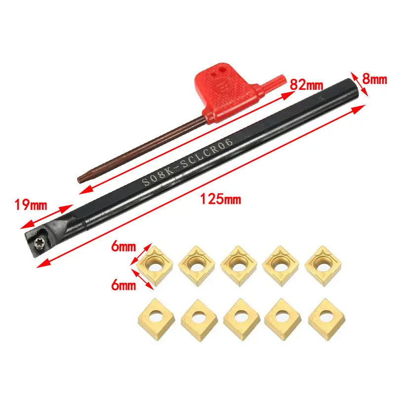 

8mm S08K-SCLCR06 Turning Tools With 10pc CCMT060204-HM Inserts & T8 Wrench Sets
