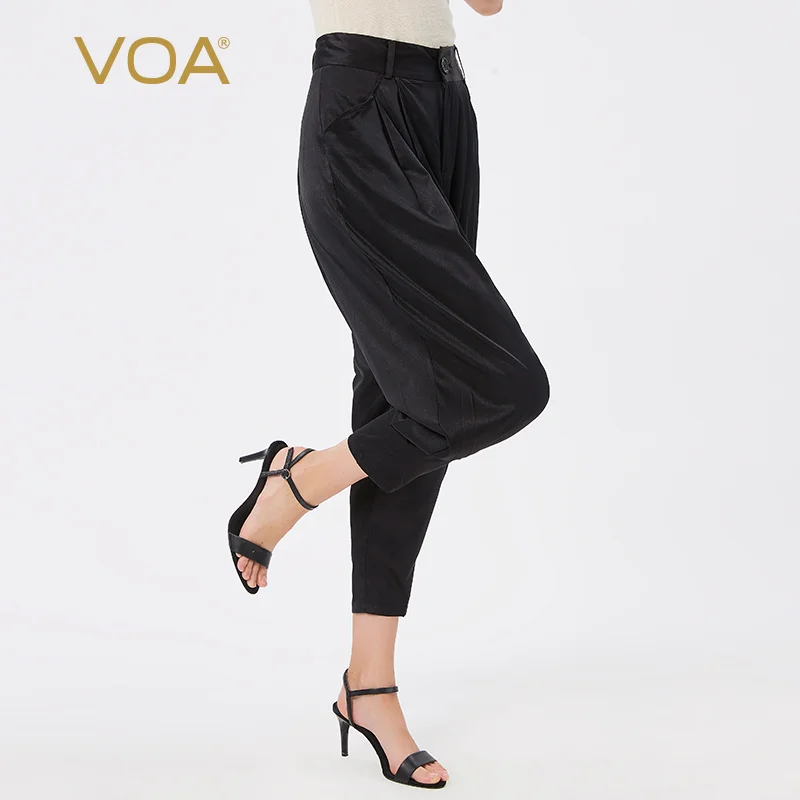 

VOA 19 Momme Stretch Twill Black and White Two-Color Natural Waist Slit Pocket One Button Casual Capri Feet Harem Pants K3362