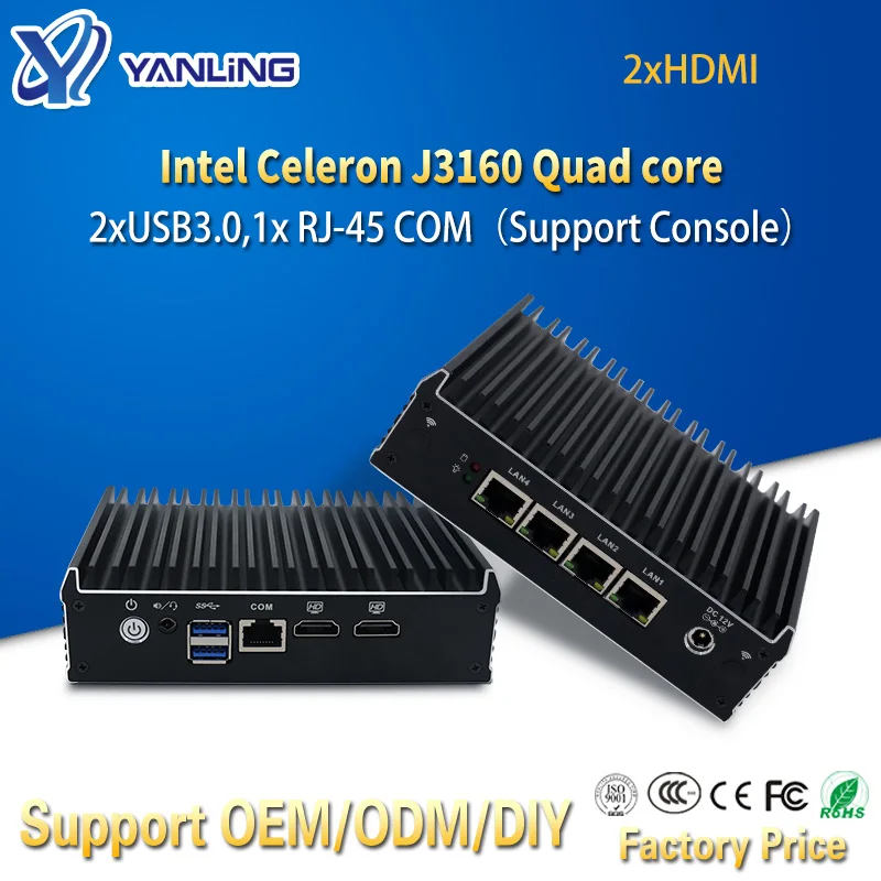 Yanling Intel Celeron J3160 четырехъядерный безвентиляторный мини-ПК 4 гигабитная LAN 2 * HD pfSense
