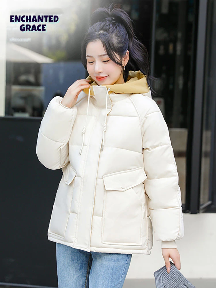 

EnchantedGrace Women's Winter Puffer Jacket Thick Cotton Padded Parka Fashion Hooded Oversize Loose Coat Clothes Female Outwear