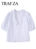 traf za elegant embroidered doll collar short sleeve single breasted ladies blouse youth cute daily commuter versatile blouse
