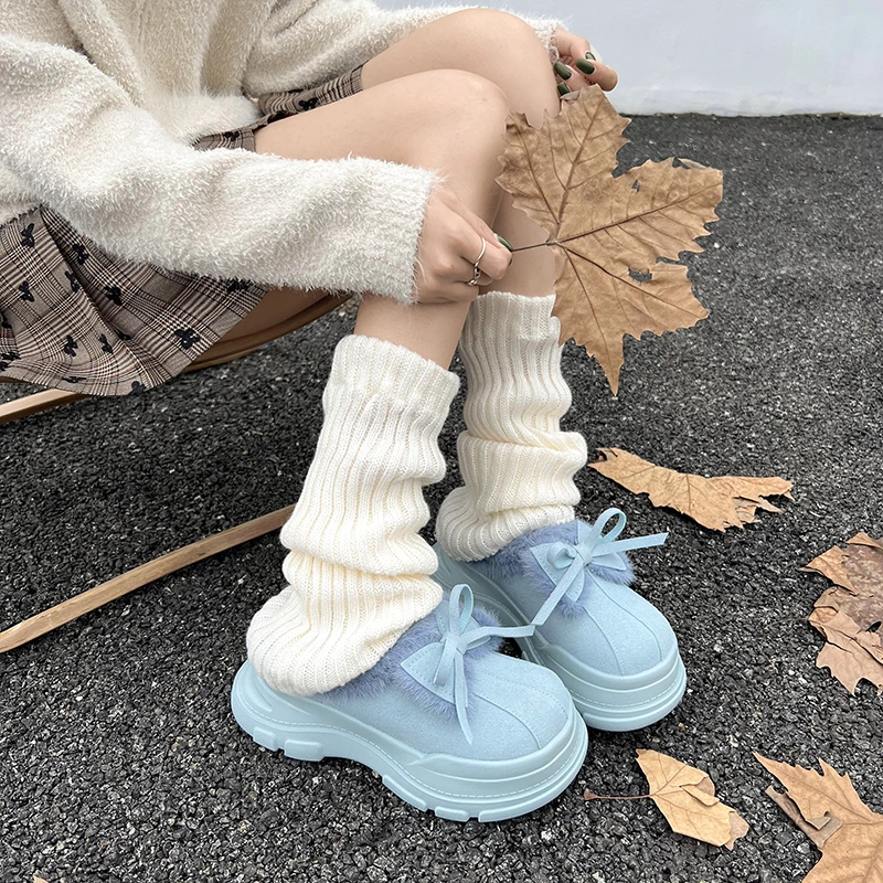 Женские зимние ботильоны на меху с бантом хлопковые тапочки платформе и плоской