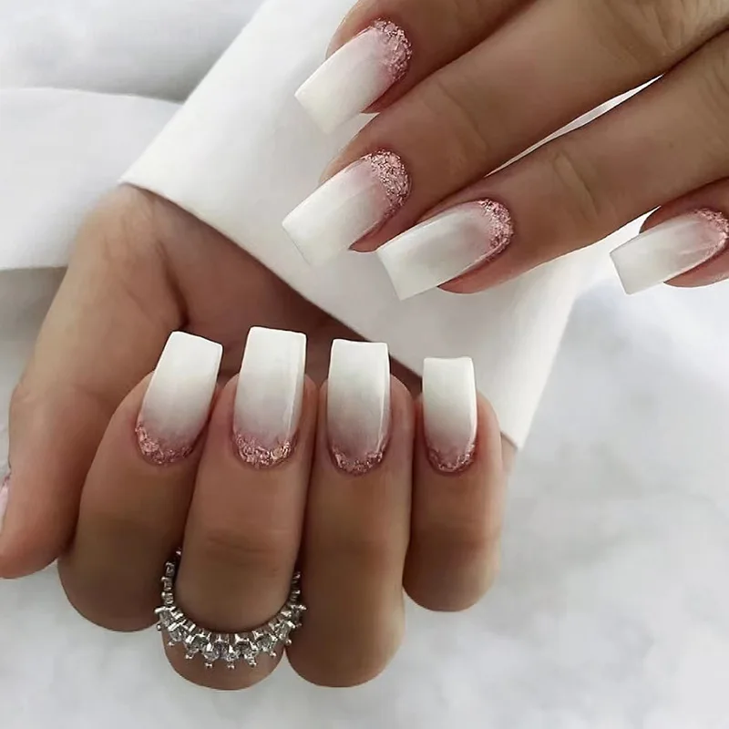 

24Pcs Mid-length Ballet False Nails White Gradient Glitter Fake Nail Tips with Glue Simple Wearable Square Press on Nails