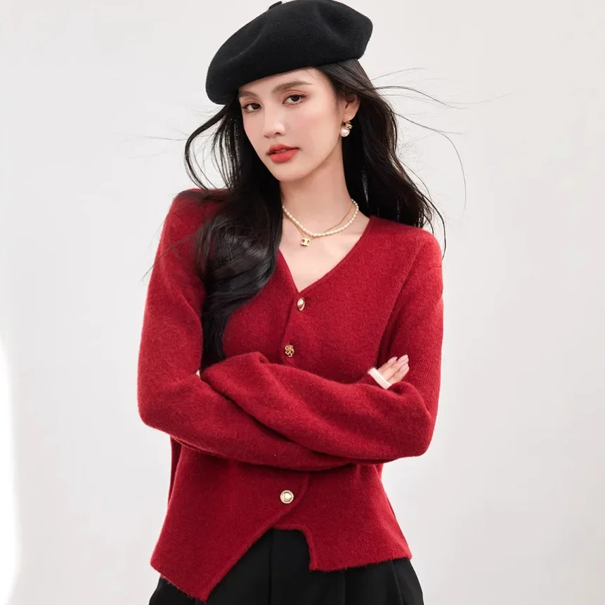 Осенний новый модный мягкий и эластичный вязаный свитер с v-образным вырезом