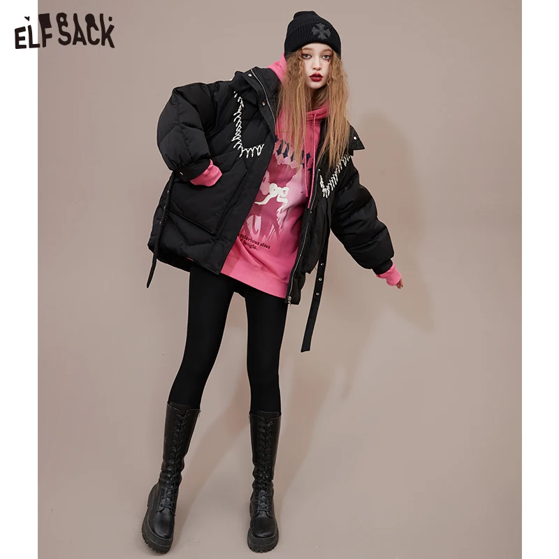 ELFSACK Black Warm Down Coats Women 2022 Winter New Loose Designed Jackets