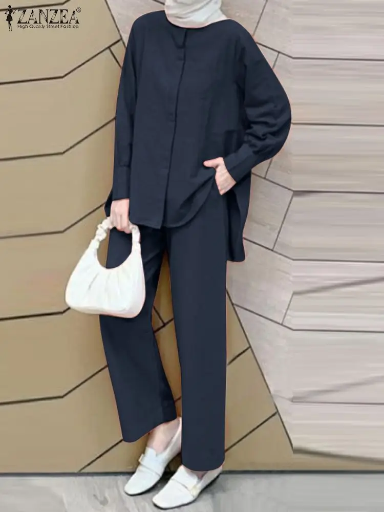 ZANZEA Eid Mubarek Muslim Sets Women Fashion Urban Tracksuit Long Sleeve Buttons Up Tops Loose Trouser Party Islamic Clothing
