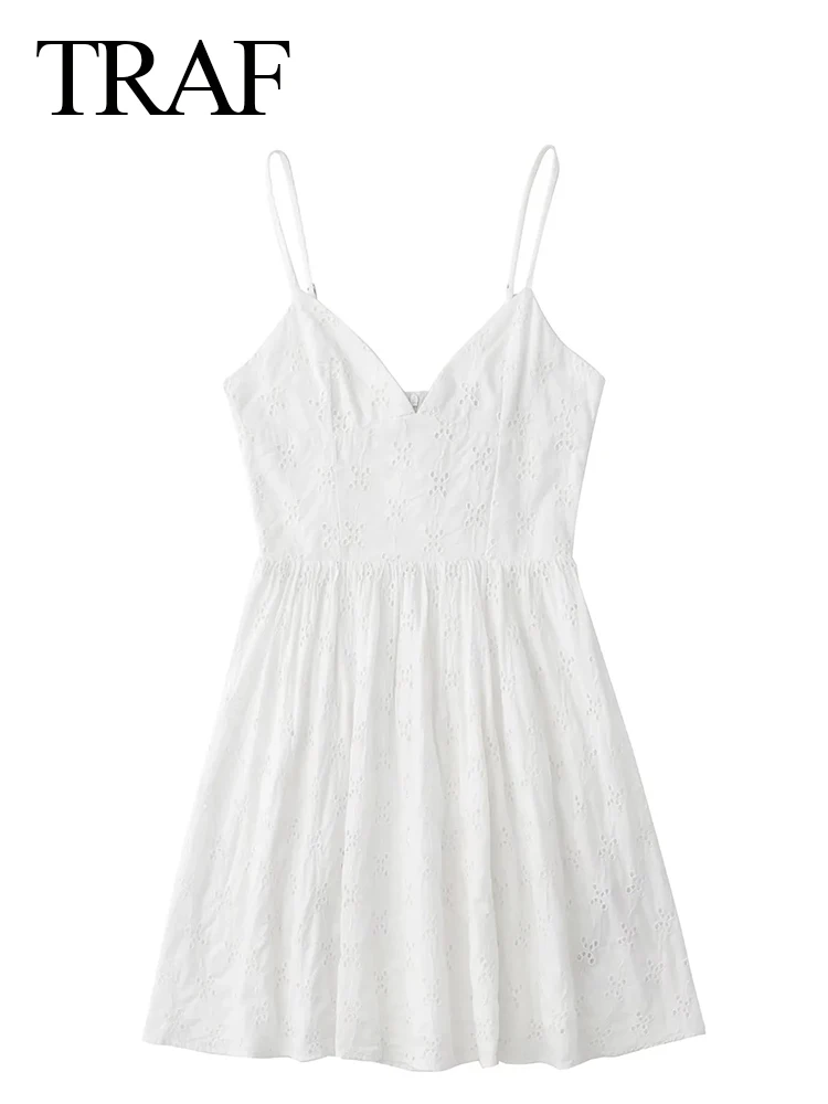 

TRAF Solid Color White Sleeveless Backless Sling Dress Hollow Flower Slim Sexy Short Girl Style Party Elegant Women's Dress