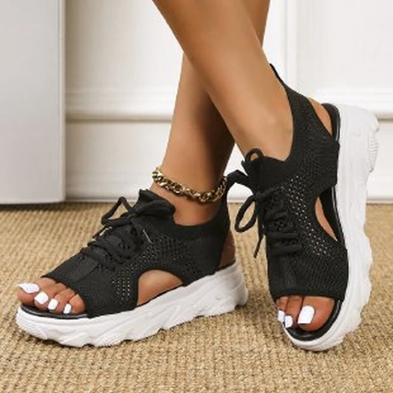 

Women's sports sandals summer thick-soled mesh soft-soled shoes casual shoes flat hollow student sandals 2022 black Large size