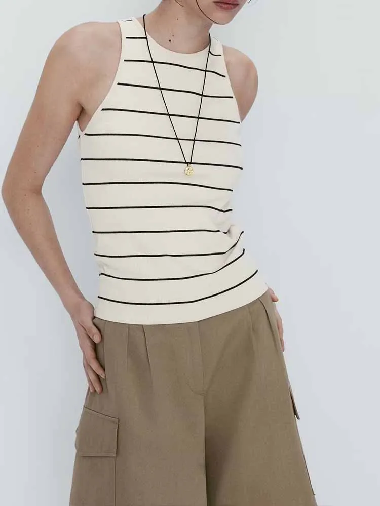 

Women New Fashion Ribbed stripe Elastic slim Tshirt Tops Vintage O Neck sleeveless Female Waistcoat Chic Tops 0688/291