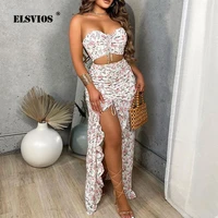 spring sexy chest wrap off shoulder short top and folds ruffle long skirt suit ladies elegant set floral print party 2 piece set