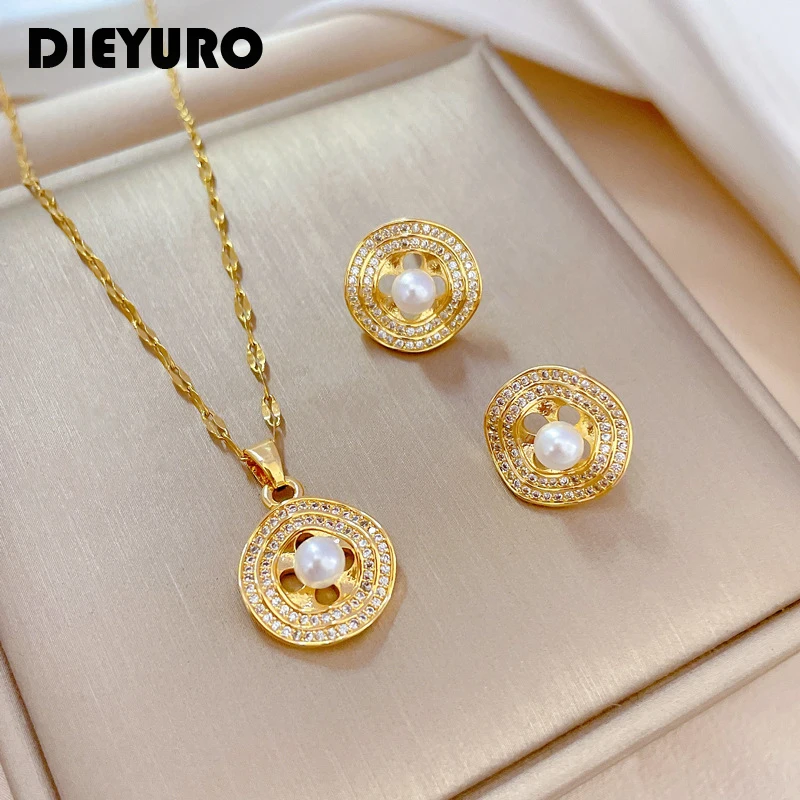

DIEYURO 316L Stainless Steel Round Pearl Pendant Necklace Earrings For Women Girl Clavicle Choker Trendy Jewelry Set Gift Party