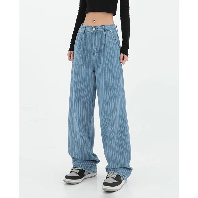 Women's Clothing Jeans Blue Straight Vertical Stripe High Waist Vintage Casual Wide Leg Pants Baggy Denim Trouser Ladies Sum