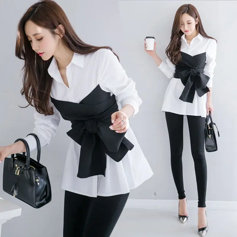 

QNPQYX Spring Autumn Shirts women lace-up shirt blouses casual clothing fake two pieces long sleeve stitching bow tops shirts