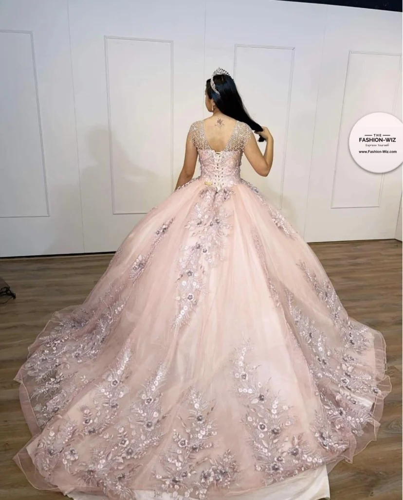 

Blush Pink Puffy Skirt Princess Quinceanera Dresses Sheer Neck 2022 Lace-up Corset 3D Floral Beaded vestidos de 15 años