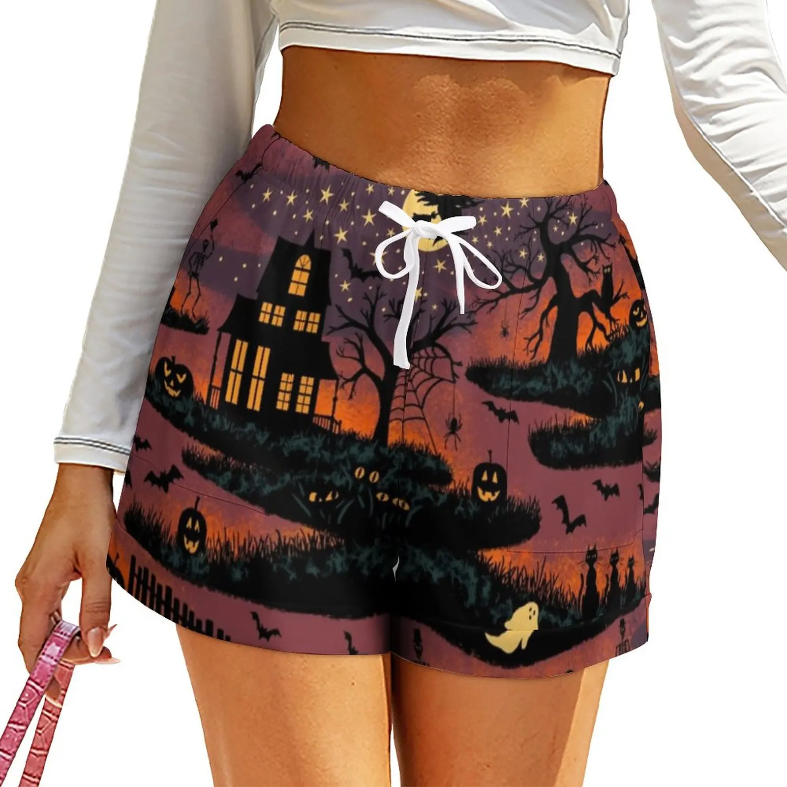 

Spooky Ghost Print Shorts High Waisted Beach Shorts Female Street Style Oversized Short Pants Summer Pattern Bottoms