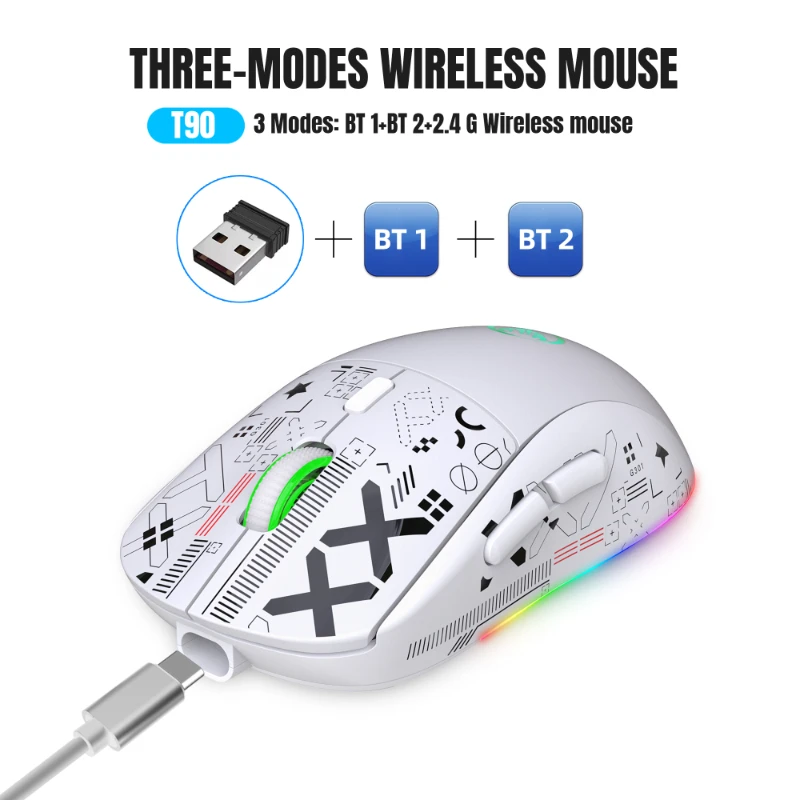 

T90 3 Modes Rechargeable Bluetooth Gaming Mouse 2.4G USB 3600 DPI Wireless RGB Backlight Mouse Portable Ergonomic Mouses for PC