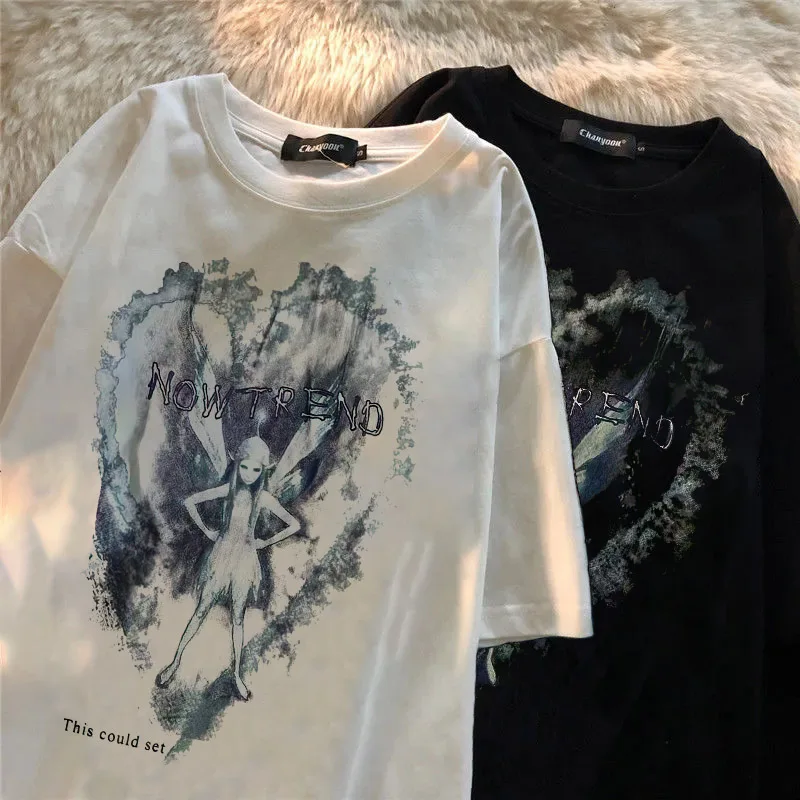 2022 Summer Harajuku Tshirt Retro Elf Print T Shirt Men Short Sleeve Dark Hip-hop Oversized T-shirt Loose Casual Streetwear Tops