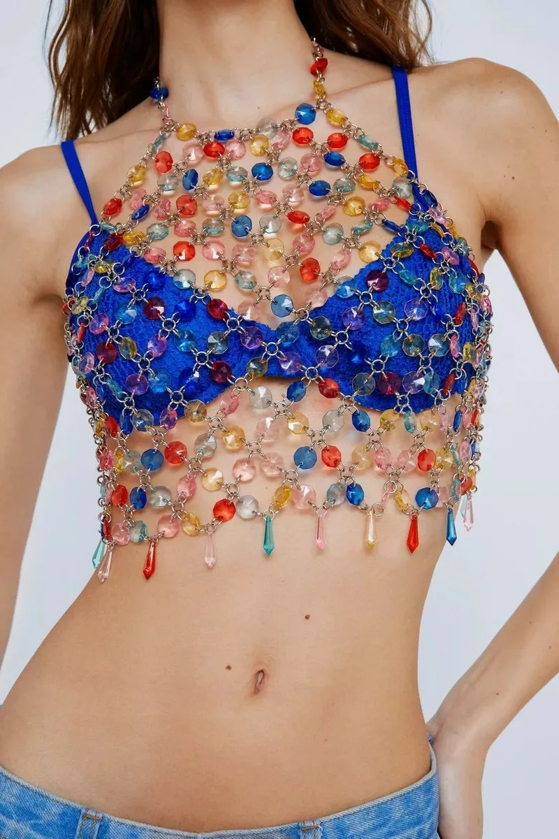 

Rainbow Crystal Beads Bra Chain Vest 2023 Diamonds Statement Hollow Out Camis Top Breast Crop Night Clubwear Sexy Body Jewelry